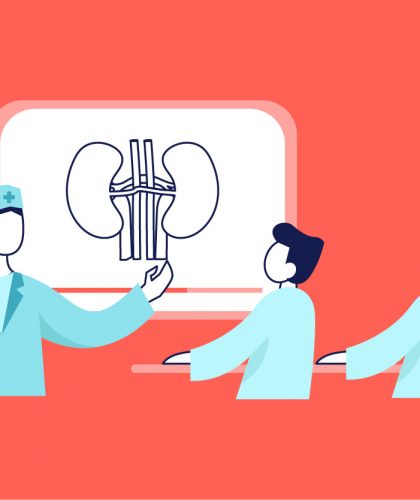 A doctor explaining the anatomy of kidneys using a medical animation